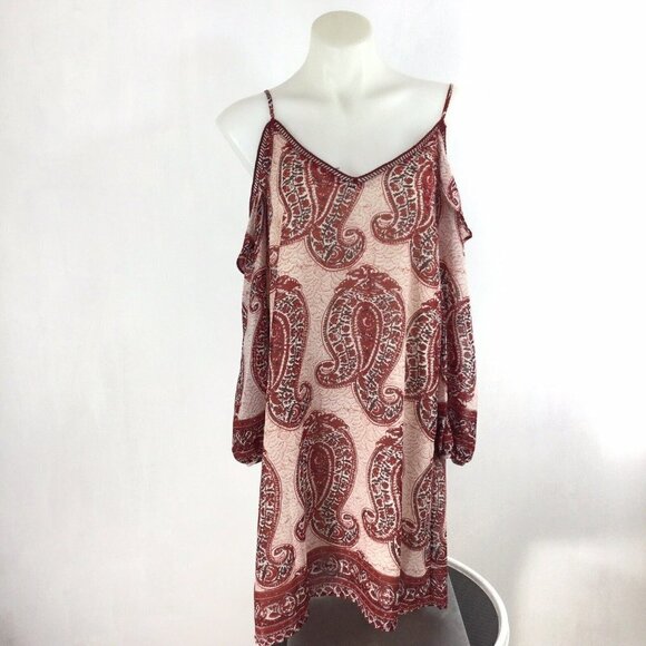 Skies are Blue Womens Dress sz Small Paisley Print Cold Shoulder Wine Red Boho - Picture 1 of 11